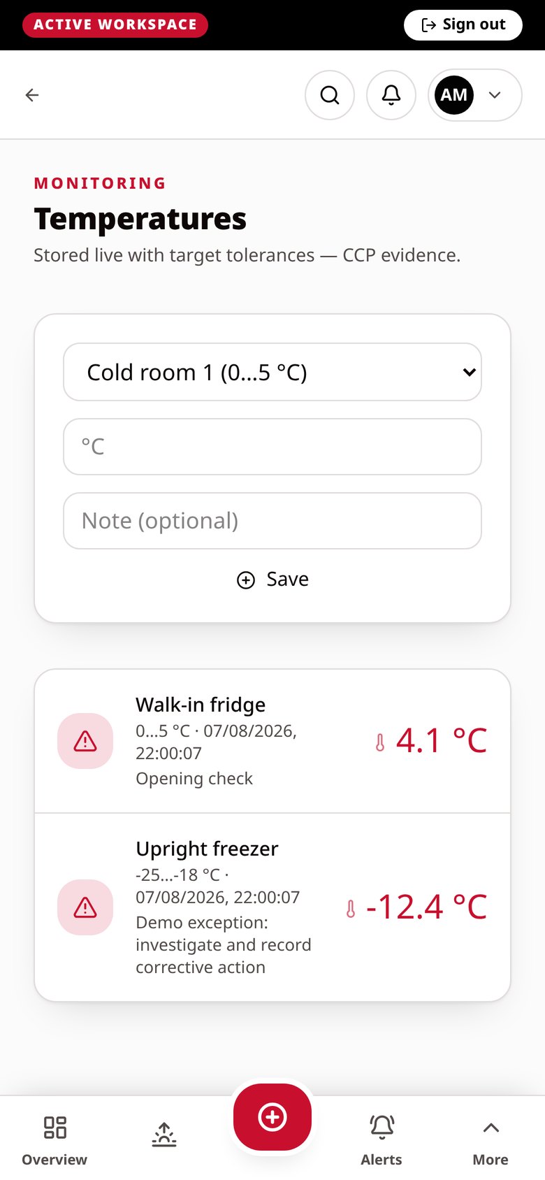 Haccora mobile app temperature logging screen