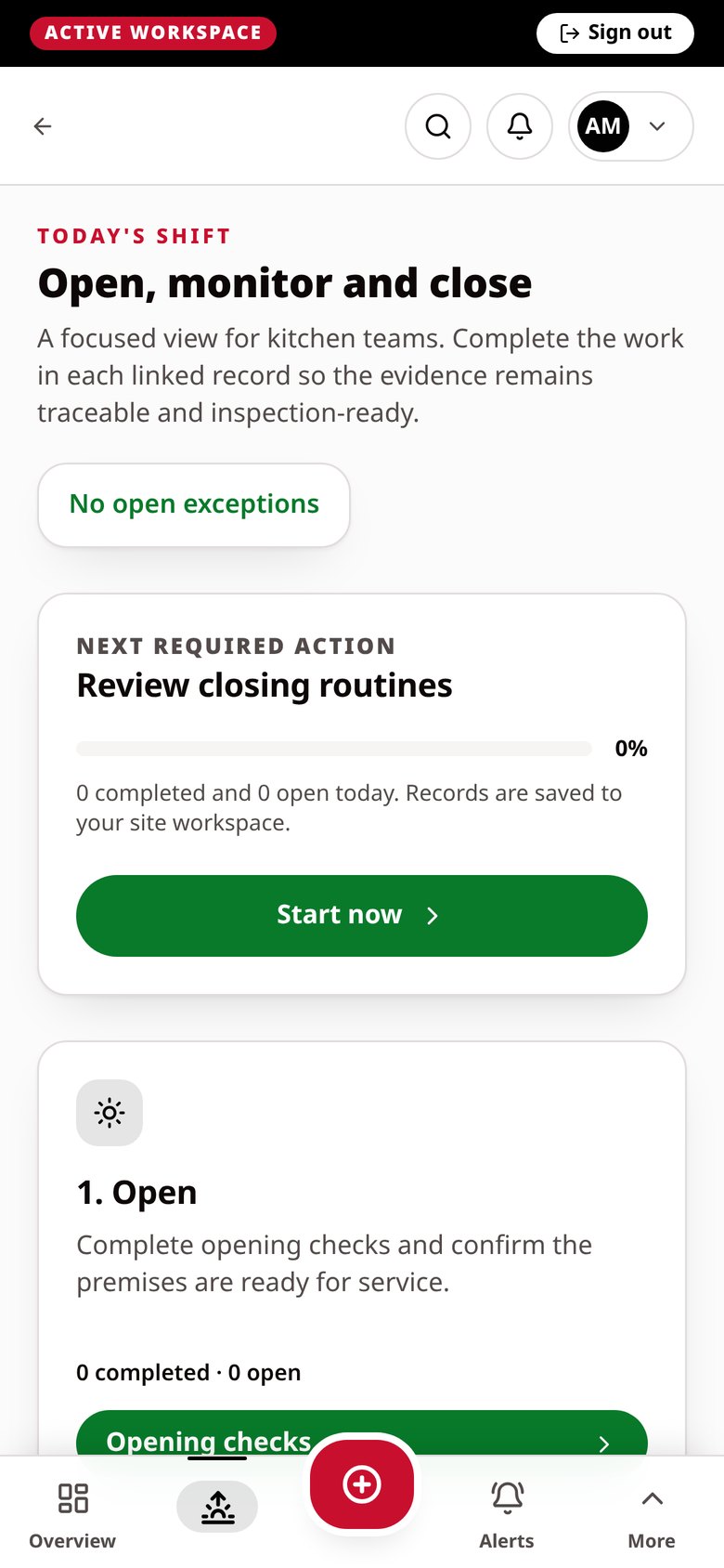 Haccora mobile app showing today's shift screen with next required action